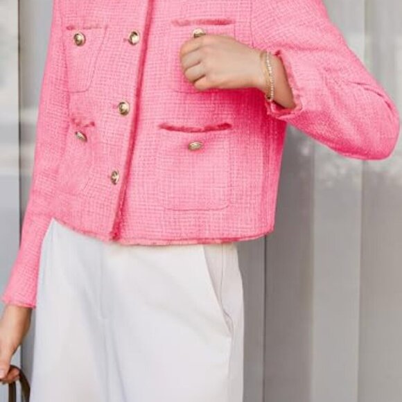 Tweed Cropped Blazer Collarless Button Down Vintage Chic Work Office - Picture 6 of 8